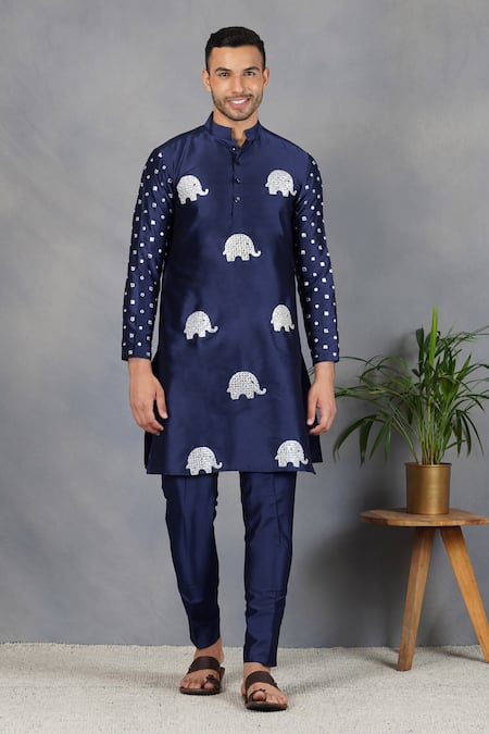 Buy_Eleven Brothers_Blue Silk Mirror, Elephant Ruh Embroidered Kurta Set _Online_at_Aza_Fashions
