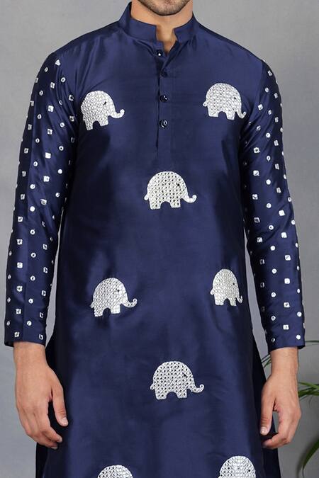 Shop_Eleven Brothers_Blue Silk Mirror, Elephant Ruh Embroidered Kurta Set _Online_at_Aza_Fashions