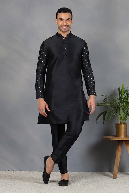 Eleven Brothers_Black Silk Mirror Uns Embroidered Bundi And Kurta Set _Online_at_Aza_Fashions