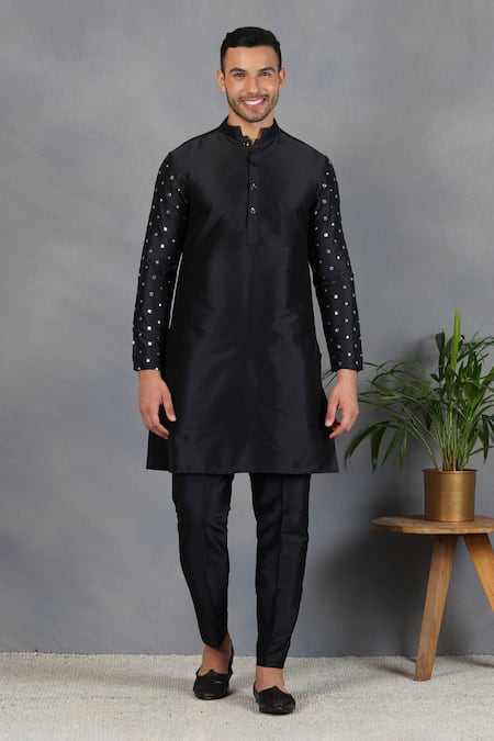 Buy_Eleven Brothers_Black Silk Mirror Uns Embroidered Bundi And Kurta Set _Online_at_Aza_Fashions