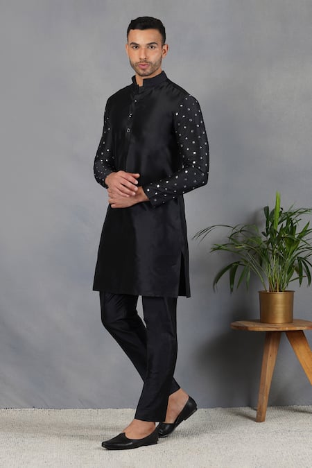 Shop_Eleven Brothers_Black Silk Mirror Uns Embroidered Bundi And Kurta Set _Online_at_Aza_Fashions