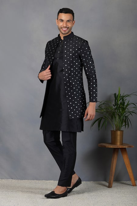 Eleven Brothers_Black Silk Mirror Uns Embroidered Bundi And Kurta Set _at_Aza_Fashions