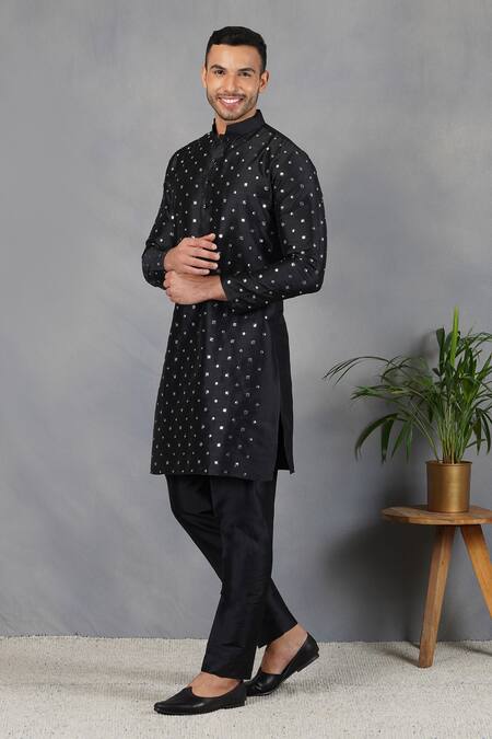 Eleven Brothers_Black Silk Mirror Uns Embroidered Kurta Set _Online_at_Aza_Fashions