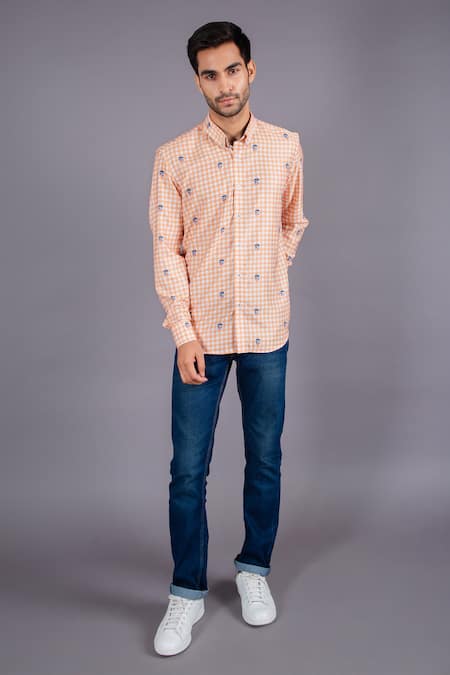 Eleven Brothers Orange Cotton Twill Checkered Shirt