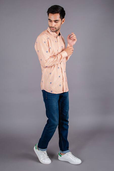 Eleven Brothers_Orange Cotton Twill Checkered Shirt _Online_at_Aza_Fashions