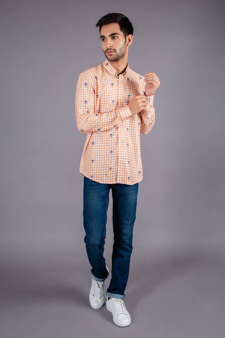 Buy_Eleven Brothers_Orange Cotton Twill Checkered Shirt _Online_at_Aza_Fashions