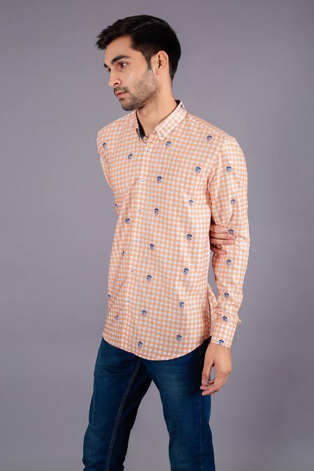 Shop_Eleven Brothers_Orange Cotton Twill Checkered Shirt _Online_at_Aza_Fashions