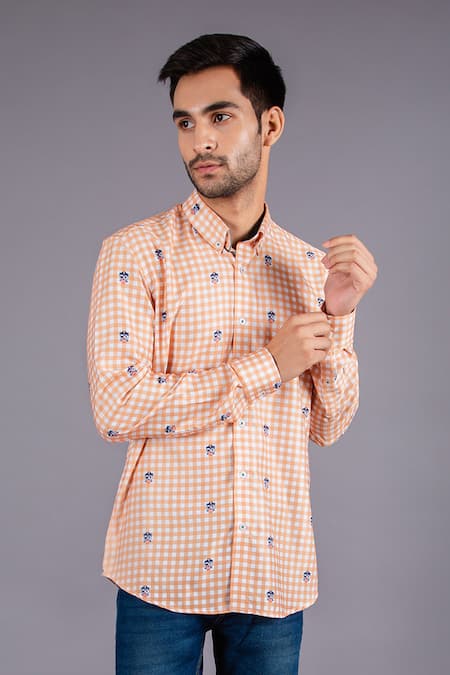 Eleven Brothers_Orange Cotton Twill Checkered Shirt _at_Aza_Fashions