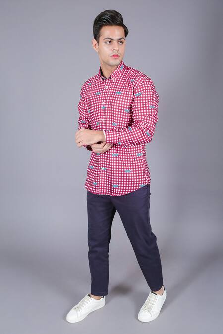 Eleven Brothers Red Cotton Twill Checkered Shirt Online at Aza Fashions Eleven Brothers_Red Cotton Twill Checkered Shirt _Online_at_Aza_Fashions