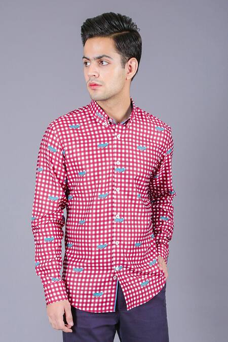 Buy Eleven Brothers Red Cotton Twill Checkered Shirt Online at Aza Fashions Buy_Eleven Brothers_Red Cotton Twill Checkered Shirt _Online_at_Aza_Fashions