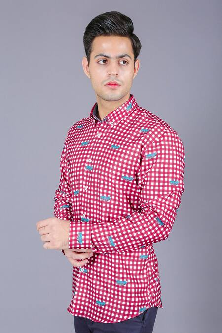 Shop Eleven Brothers Red Cotton Twill Checkered Shirt Online at Aza Fashions Shop_Eleven Brothers_Red Cotton Twill Checkered Shirt _Online_at_Aza_Fashions