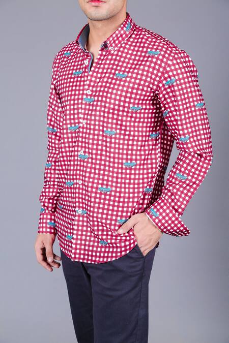 Eleven Brothers Red Cotton Twill Checkered Shirt at Aza Fashions Eleven Brothers_Red Cotton Twill Checkered Shirt _at_Aza_Fashions
