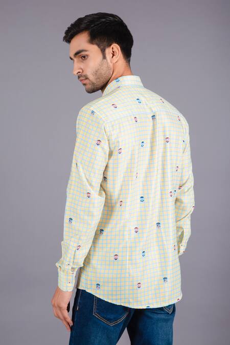 Shop_Eleven Brothers_Yellow Cotton Twill Checkered Shirt _at_Aza_Fashions