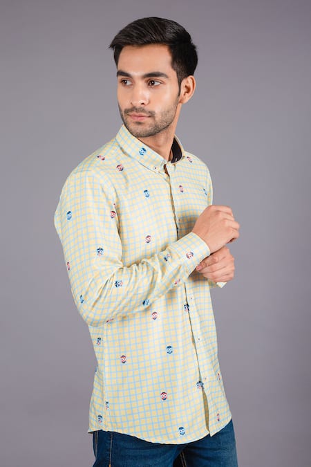 Eleven Brothers_Yellow Cotton Twill Checkered Shirt _Online_at_Aza_Fashions