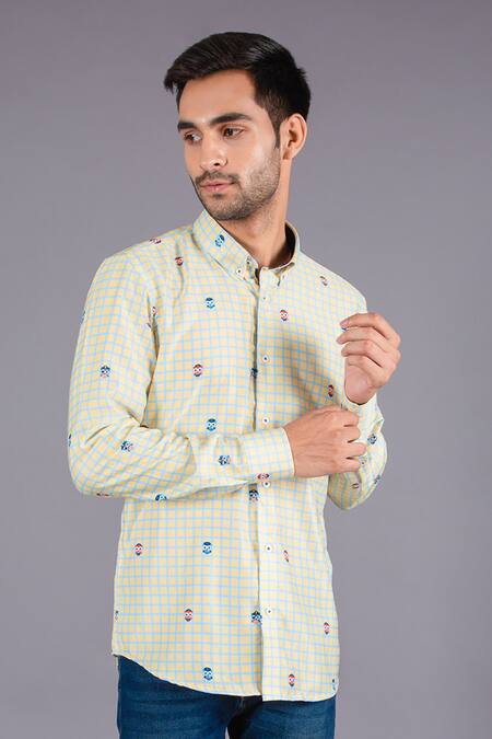Buy_Eleven Brothers_Yellow Cotton Twill Checkered Shirt _Online_at_Aza_Fashions