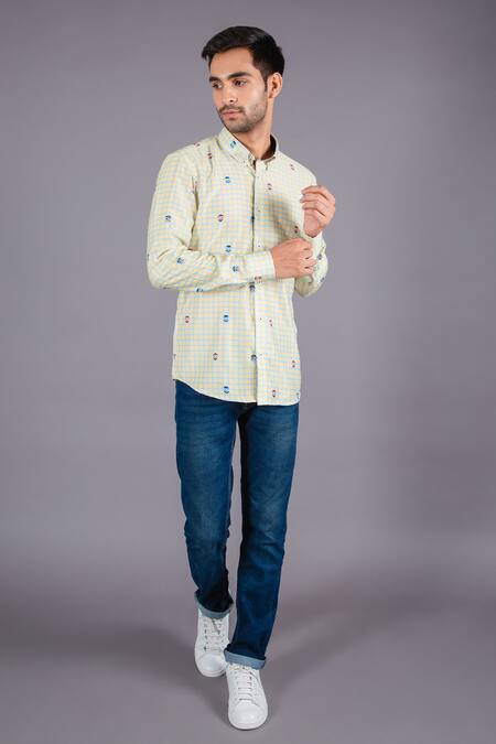 Shop_Eleven Brothers_Yellow Cotton Twill Checkered Shirt _Online_at_Aza_Fashions