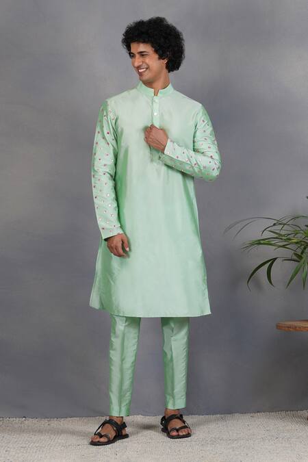 Eleven Brothers_Green Silk Mirror Sabz Aasteen Kurta Set _Online_at_Aza_Fashions