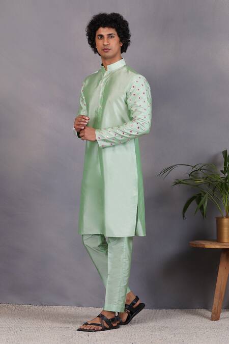Buy_Eleven Brothers_Green Silk Mirror Sabz Aasteen Kurta Set _Online_at_Aza_Fashions