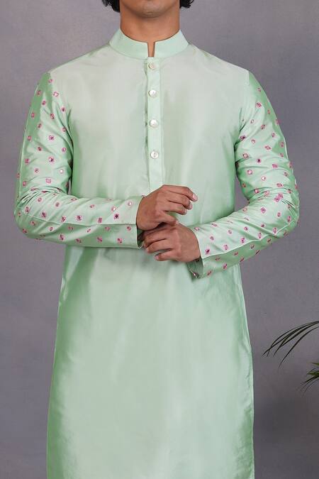 Shop_Eleven Brothers_Green Silk Mirror Sabz Aasteen Kurta Set _Online_at_Aza_Fashions