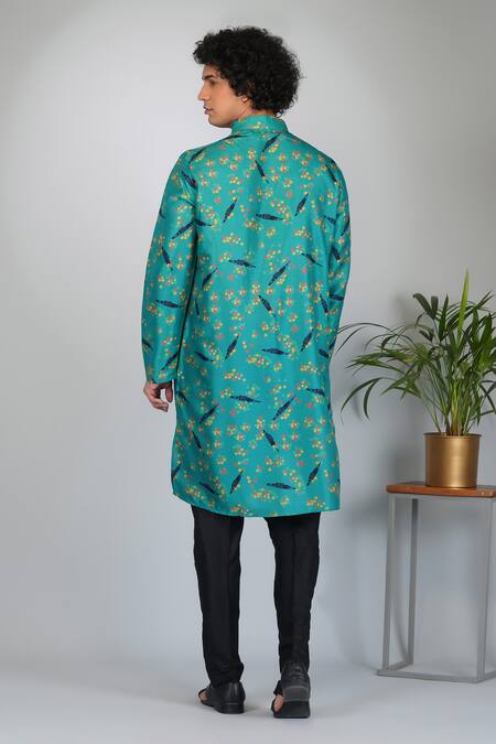 Shop Eleven Brothers Green Kurta Mulberry , Pant Cotton Sail Print Set at Aza Fashions Shop_Eleven Brothers_Green Kurta Mulberry , Pant Cotton Sail Print Set _at_Aza_Fashions
