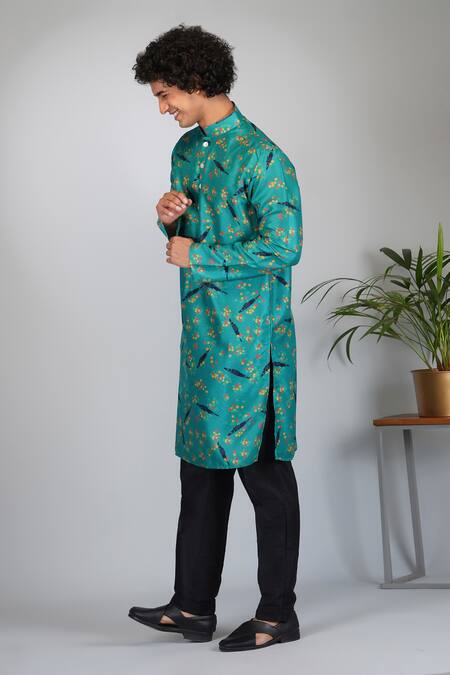 Eleven Brothers Green Kurta Mulberry , Pant Cotton Sail Print Set Online at Aza Fashions Eleven Brothers_Green Kurta Mulberry , Pant Cotton Sail Print Set _Online_at_Aza_Fashions