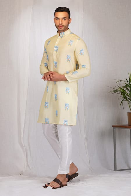 Eleven Brothers_Yellow Kurta Linen , Pant Cotton Reading Chair Print Set _Online_at_Aza_Fashions