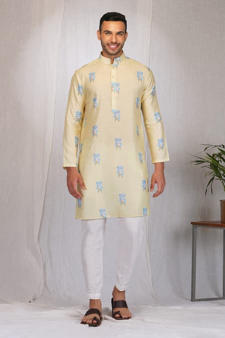 Buy_Eleven Brothers_Yellow Kurta Linen , Pant Cotton Reading Chair Print Set _Online_at_Aza_Fashions