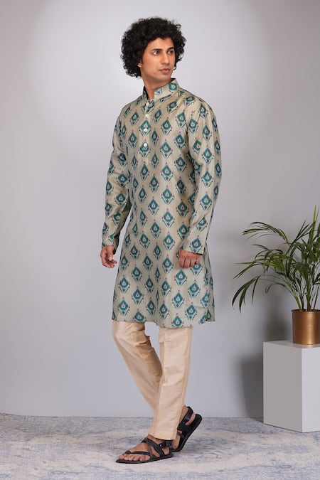 Eleven Brothers_Green Kurta Mulberry , Pant Cotton Leaf Print Set _Online_at_Aza_Fashions