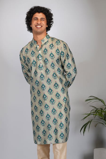 Buy_Eleven Brothers_Green Kurta Mulberry , Pant Cotton Leaf Print Set _Online_at_Aza_Fashions