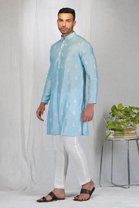 Eleven Brothers_Blue Kurta Linen , Pant Cotton Bird Print Set _Online_at_Aza_Fashions