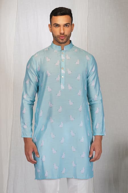 Buy_Eleven Brothers_Blue Kurta Linen , Pant Cotton Bird Print Set _Online_at_Aza_Fashions