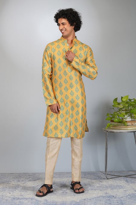 Eleven Brothers_Yellow Kurta Mulberry , Pant Cotton Floral Print Set _Online_at_Aza_Fashions