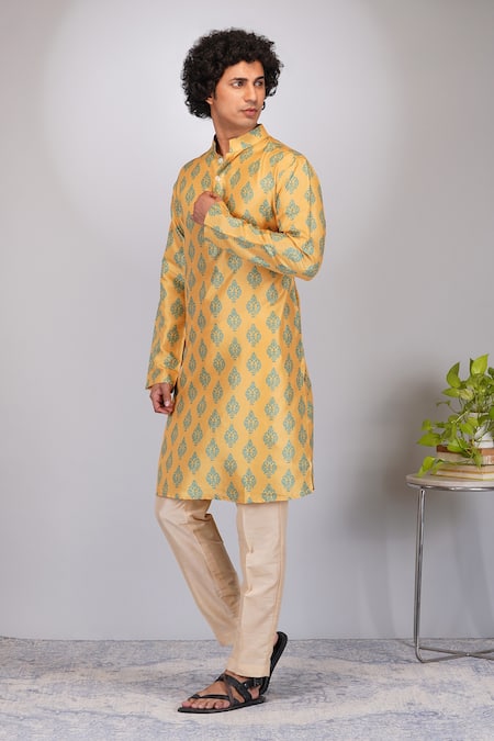 Buy_Eleven Brothers_Yellow Kurta Mulberry , Pant Cotton Floral Print Set _Online_at_Aza_Fashions