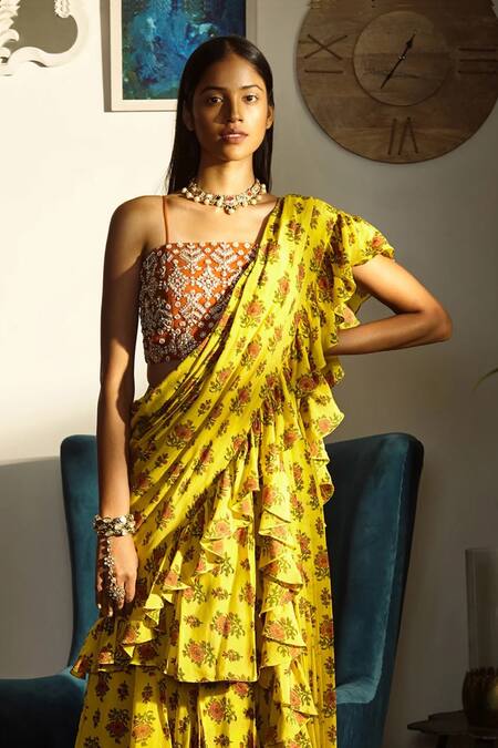 Bhumika Sharma Yellow Crepe Ruffle Layered Saree