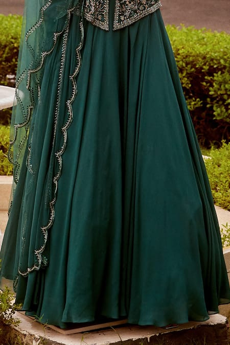 Buy Label Sanya Gulati Green V Neck Embroidered Peplum Kurta And Lehenga Set Online at Aza Fashions Buy_Label Sanya Gulati_Green V Neck Embroidered Peplum Kurta And Lehenga Set_Online_at_Aza_Fashions