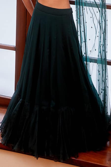 Shop_Label Sanya Gulati_Green One Shoulder Draped Blouse And Lehenga Set _Online_at_Aza_Fashions