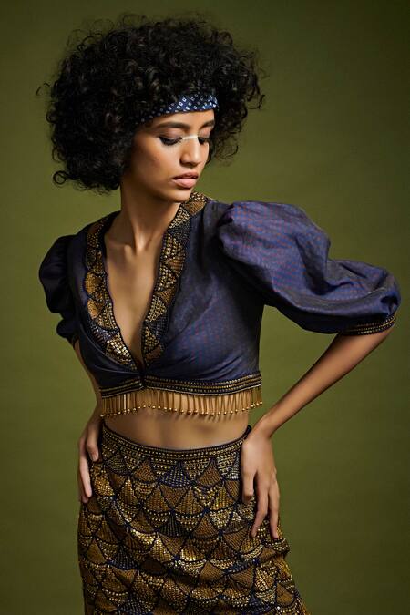 Surily G_Blue Bandhani Print, Bead Work V Neck Crop Top_Online_at_Aza_Fashions