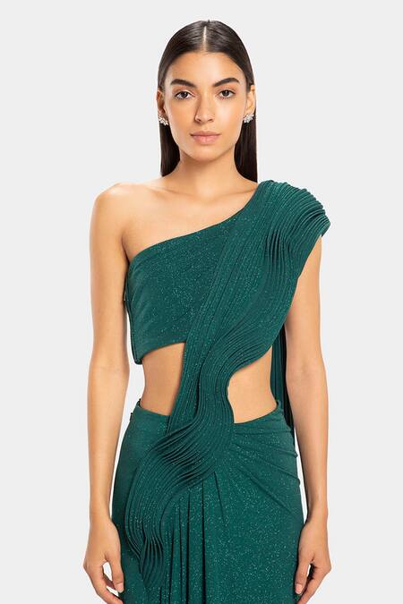 Shop_Gaurav Gupta_Green Sparkle Jersey Pre-draped One Shoulder Saree Gown_Online_at_Aza_Fashions