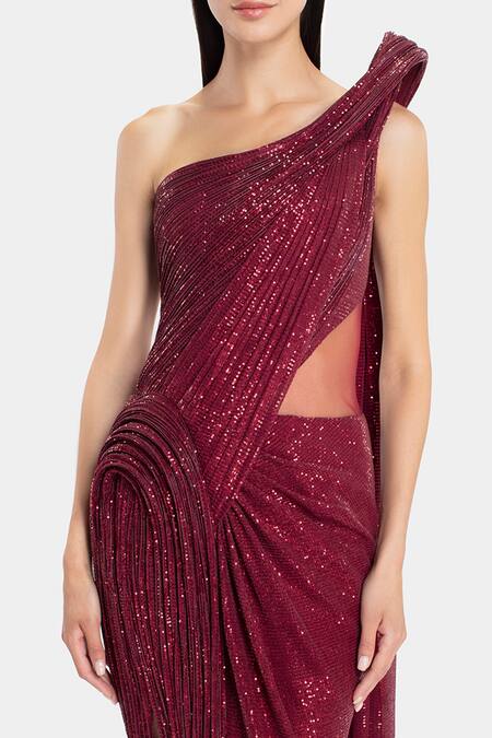 Gaurav Gupta_Red Tulle Sequin One Shoulder Sculpted Saree Gown_Online_at_Aza_Fashions