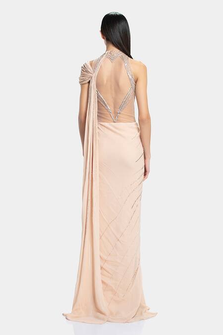 Shop_Gaurav Gupta_Peach Silk Georgette Embellished Saree Gown_at_Aza_Fashions