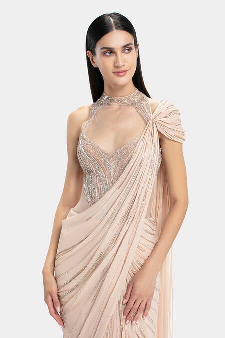 Gaurav Gupta_Peach Silk Georgette Embellished Saree Gown_Online_at_Aza_Fashions