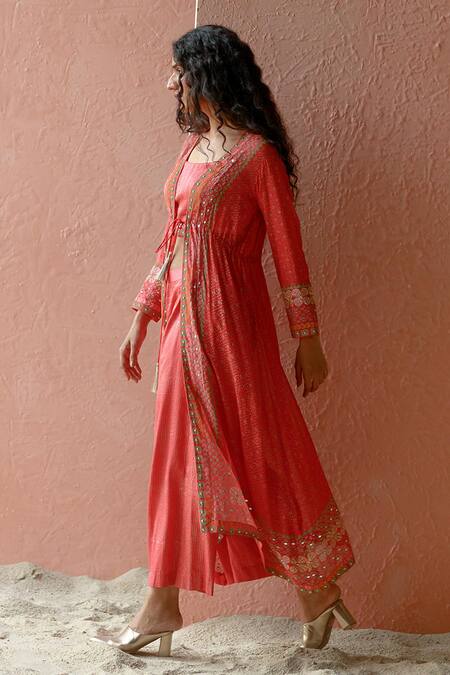 Surbhi Gupta Red Jacket Georgette Inner And Trousers Cotton Printed & Pant Set Online at Aza Fashions Surbhi Gupta_Red Jacket Georgette Inner And Trousers Cotton Printed & Pant Set _Online_at_Aza_Fashions