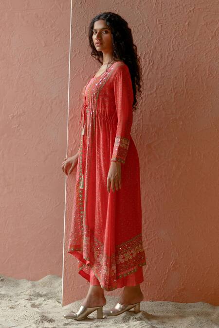 Buy Surbhi Gupta Red Jacket Georgette Inner And Trousers Cotton Printed & Pant Set Online at Aza Fashions Buy_Surbhi Gupta_Red Jacket Georgette Inner And Trousers Cotton Printed & Pant Set _Online_at_Aza_Fashions