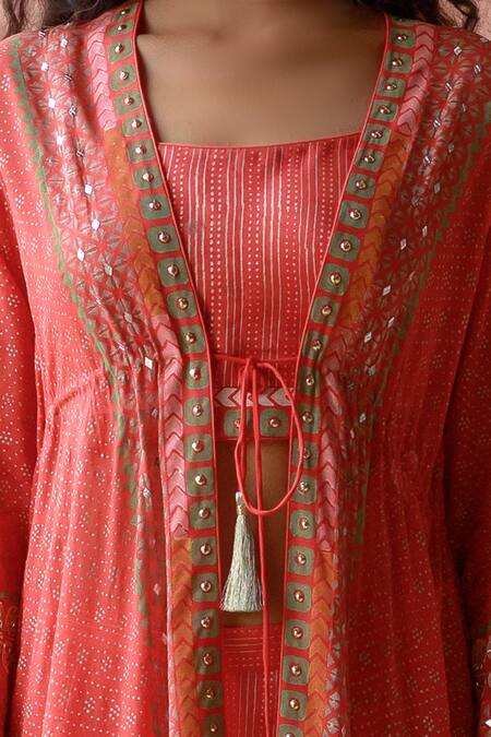 Shop Surbhi Gupta Red Jacket Georgette Inner And Trousers Cotton Printed & Pant Set Online at Aza Fashions Shop_Surbhi Gupta_Red Jacket Georgette Inner And Trousers Cotton Printed & Pant Set _Online_at_Aza_Fashions