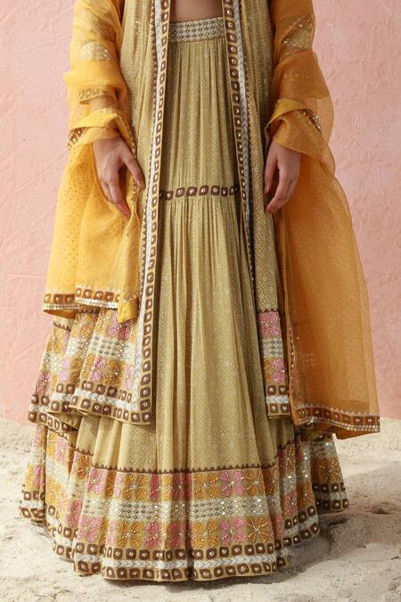 Surbhi Gupta Green Lehenga Georgette Blouse Cotton Silk Dupatta Organza Printed And Set at Aza Fashions Surbhi Gupta_Green Lehenga Georgette Blouse Cotton Silk Dupatta Organza Printed And Set _at_Aza_Fashions