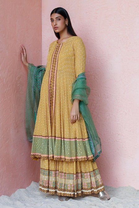 Surbhi Gupta Yellow Anarkali Georgette Inner Cotton Silk Sharara Georgette Printed Set 