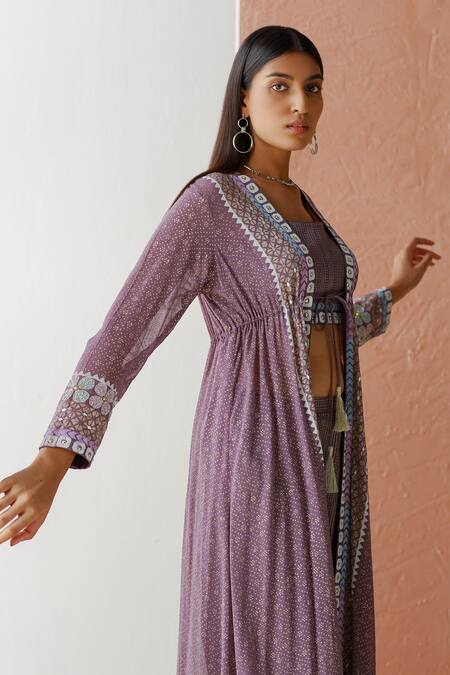 Buy Surbhi Gupta Purple Cape Georgette Blouse And Trousers Cotton Printed & Pant Set Online at Aza Fashions Buy_Surbhi Gupta_Purple Cape Georgette Blouse And Trousers Cotton Printed & Pant Set _Online_at_Aza_Fashions