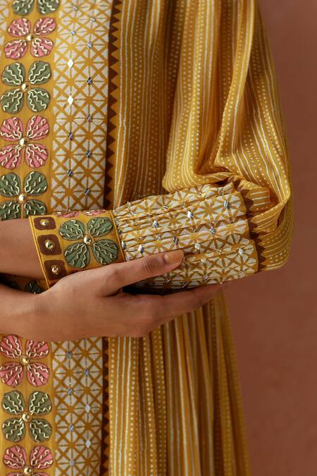 Buy_Surbhi Gupta_Yellow Kurta Georgette Trouser Cotton Silk Round Printed And Pant Set _Online_at_Aza_Fashions