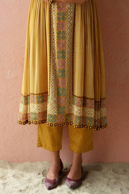 Shop_Surbhi Gupta_Yellow Kurta Georgette Trouser Cotton Silk Round Printed And Pant Set _Online_at_Aza_Fashions