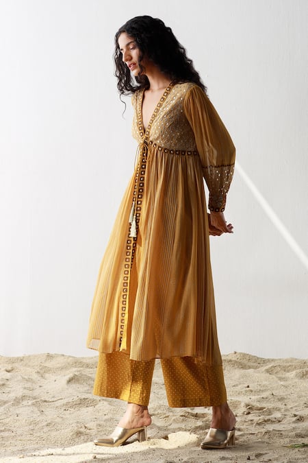 Shop_Surbhi Gupta_Yellow Kurta Georgette Trouser Cotton Silk Printed V And Pant Set  _at_Aza_Fashions